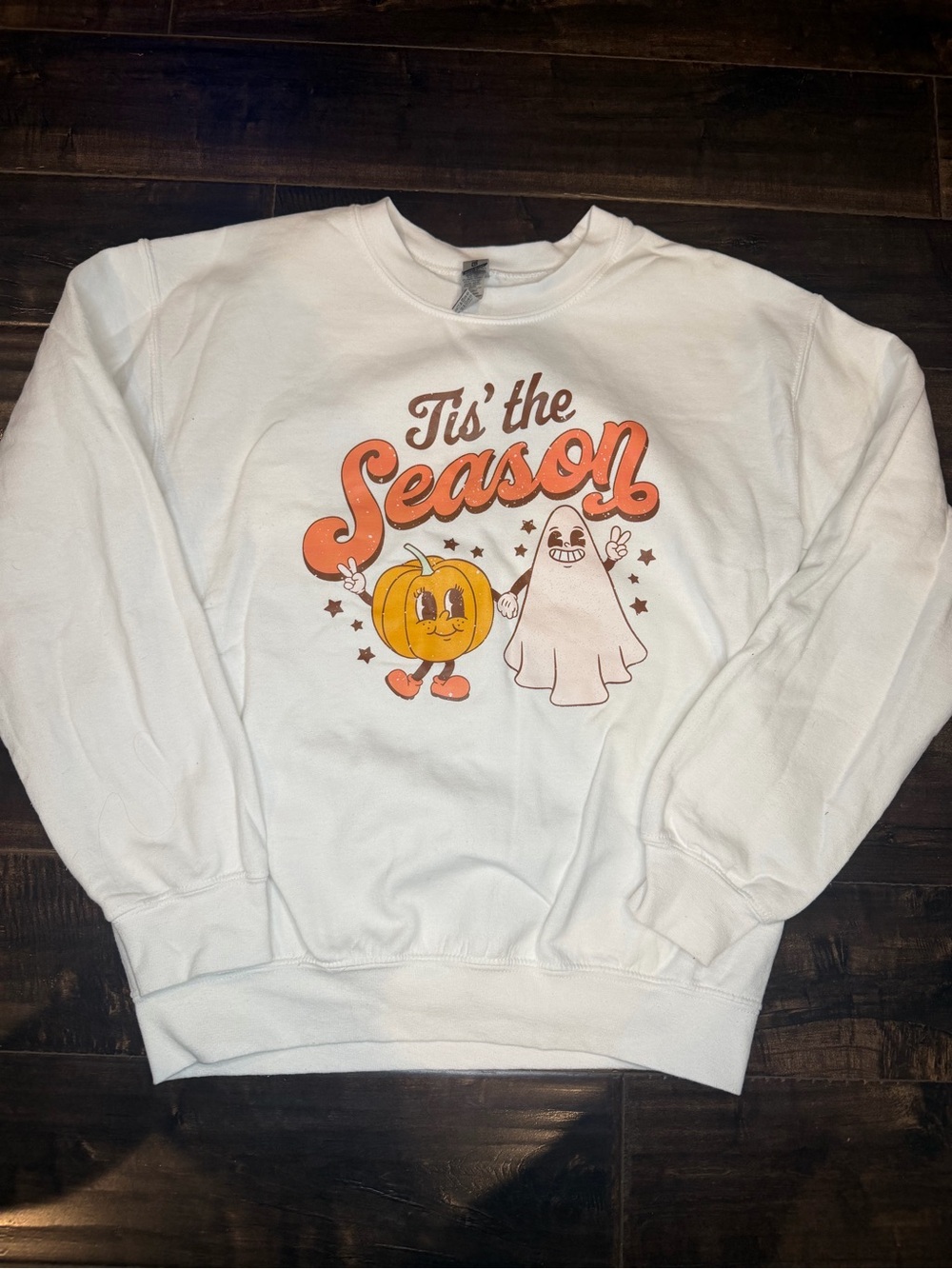 Gildan White Crewneck Sweatshirt with Orange Pumpkin & Ghost Graphic